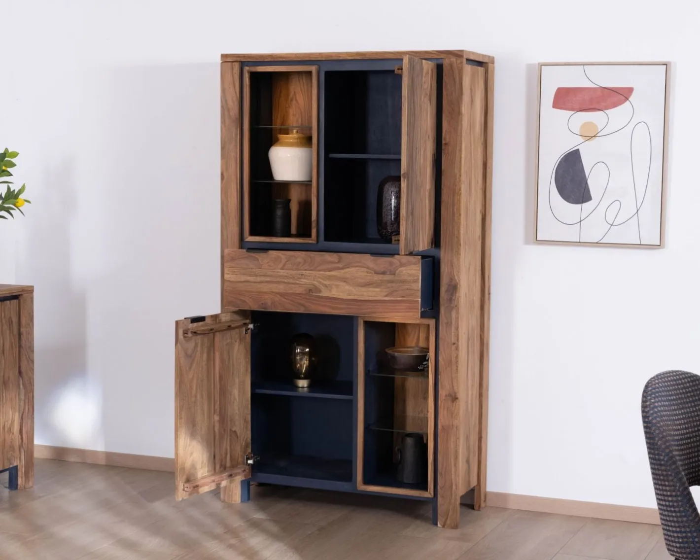New Argentier avec éclairage intérieur et étagères verre "Enoa" en palissandre et acacia Vitrine Et Argentier