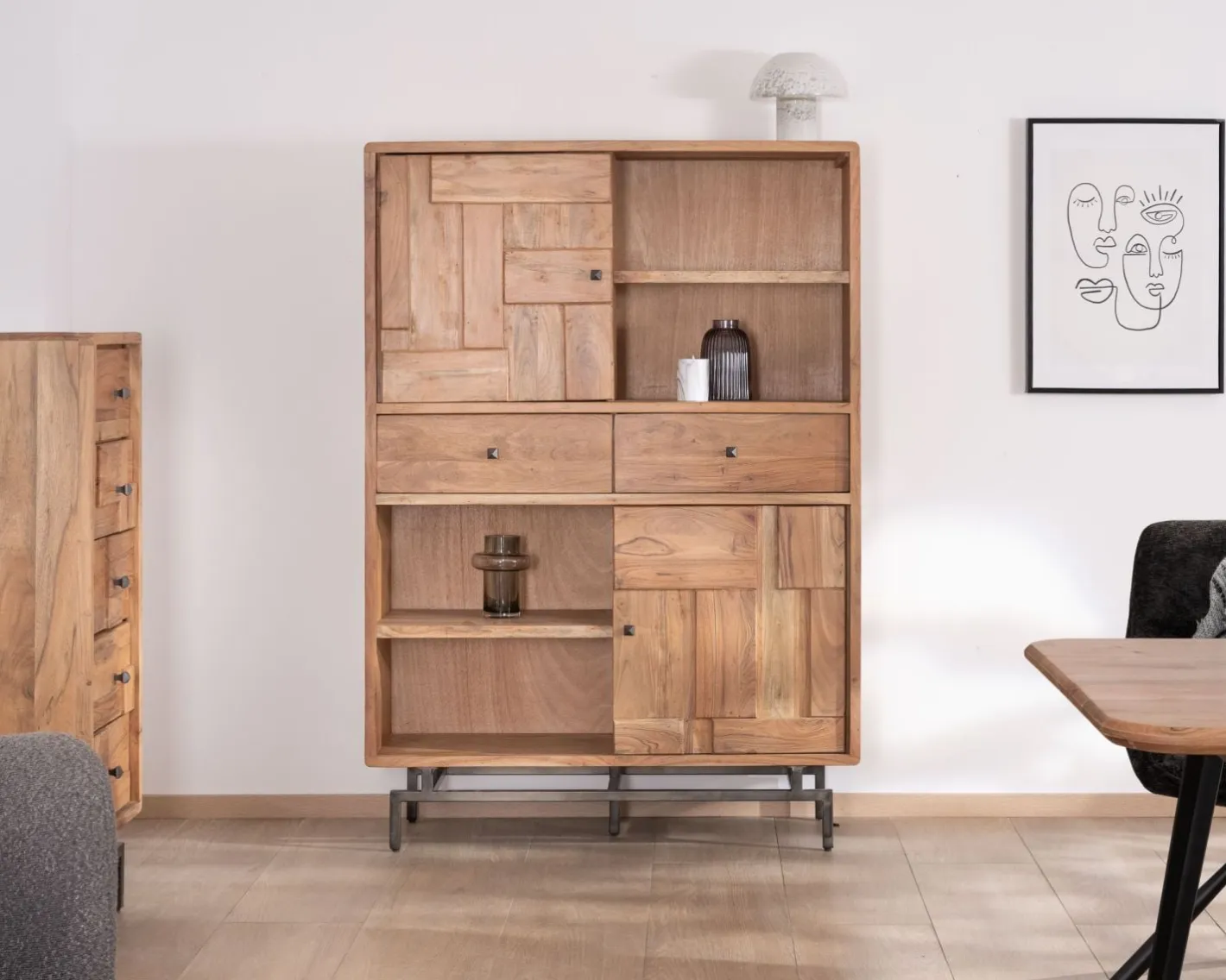 New Argentier design rétro en acacia et métal "Puzzle" façades motif empiècement Vitrine Et Argentier|Rangement