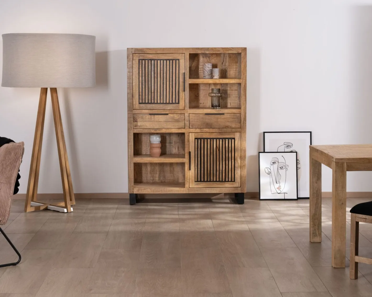 Sale Argentier en manguier et pieds métal "Manoha" portes motif stries réversibles Vaisselier|Vitrine Et Argentier