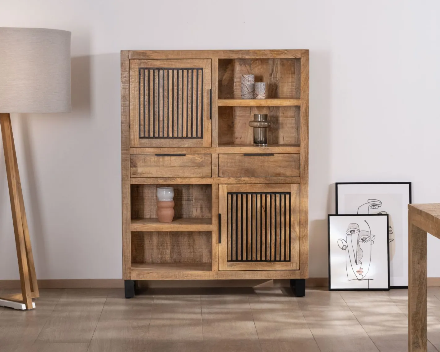 Sale Argentier en manguier et pieds métal "Manoha" portes motif stries réversibles Vaisselier|Vitrine Et Argentier