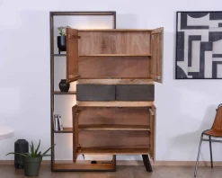 Outlet Armoire contemporaine avec LED "Mezzo" en bois métal et ciment Rangement|Bibliothèque