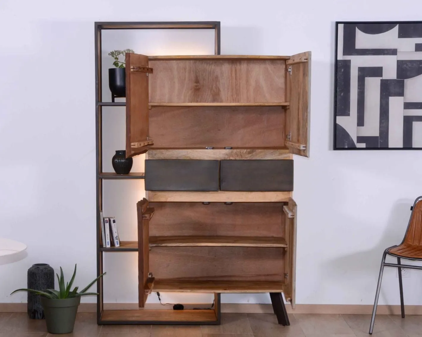 Outlet Armoire contemporaine avec LED "Mezzo" en bois métal et ciment Rangement|Bibliothèque