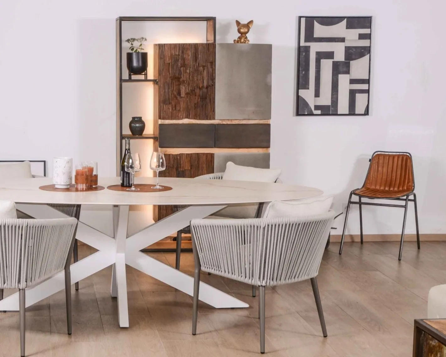 Outlet Armoire contemporaine avec LED "Mezzo" en bois métal et ciment Rangement|Bibliothèque