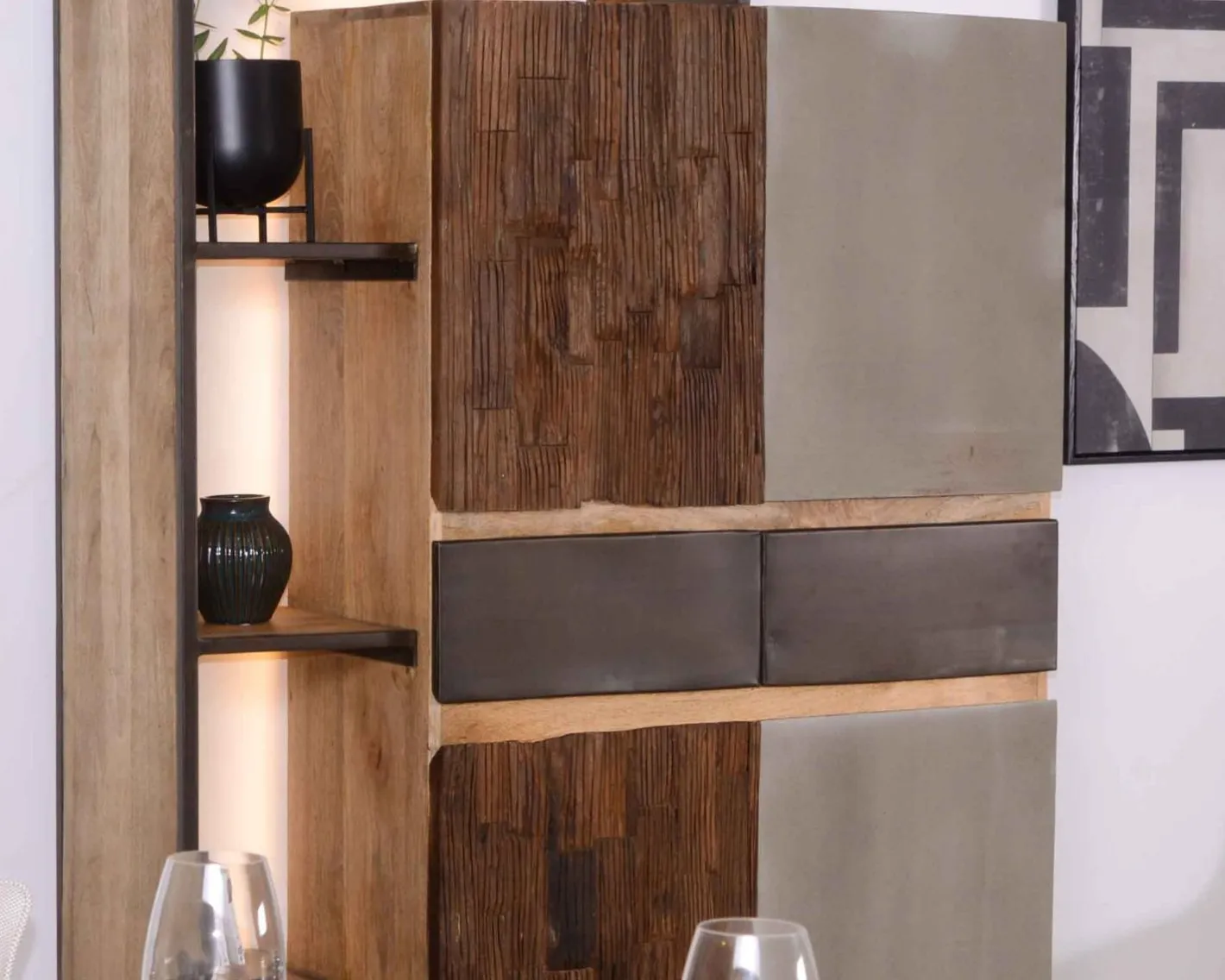 Outlet Armoire contemporaine avec LED "Mezzo" en bois métal et ciment Rangement|Bibliothèque