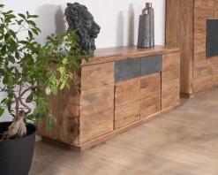 Hot Bahut contemporain 175cm en acacia avec bandeau LED et tiroirs placage pierre