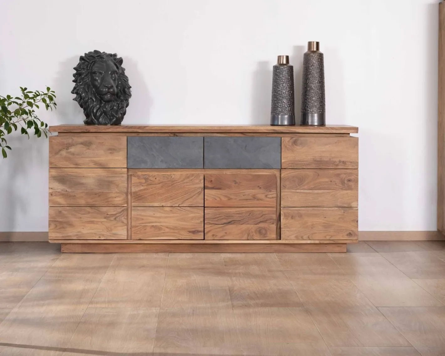Hot Bahut contemporain 175cm en acacia avec bandeau LED et tiroirs placage pierre "Paguera" Buffet Et Bahut