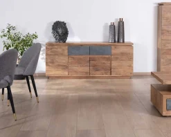 Hot Bahut contemporain 175cm en acacia avec bandeau LED et tiroirs placage pierre