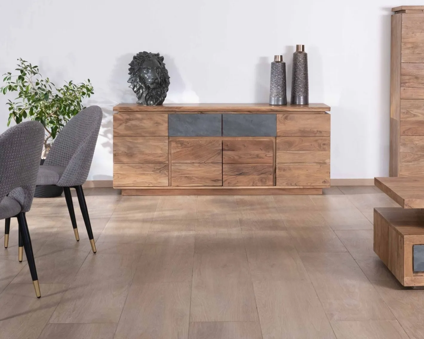 Hot Bahut contemporain 175cm en acacia avec bandeau LED et tiroirs placage pierre "Paguera" Buffet Et Bahut
