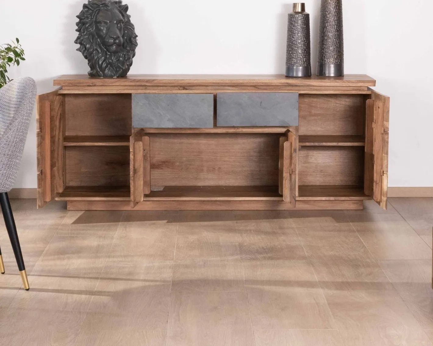 Hot Bahut contemporain 175cm en acacia avec bandeau LED et tiroirs placage pierre "Paguera" Buffet Et Bahut