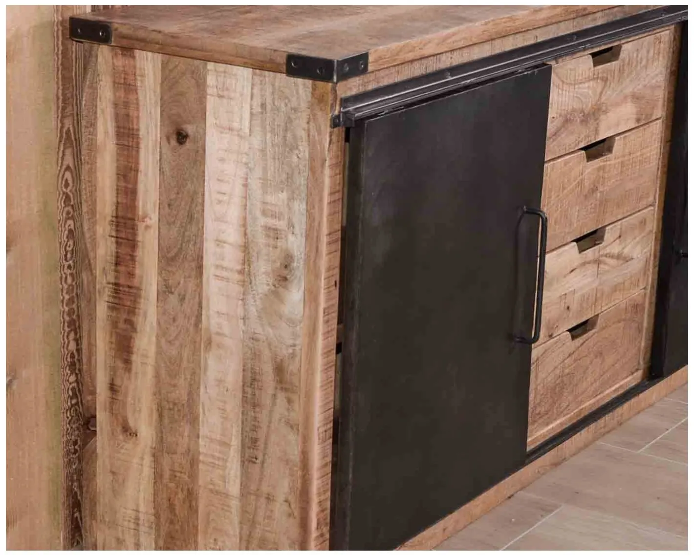 Outlet Bahut industriel portes coulissantes et tiroirs bois 180cm "Caractère" Buffet Et Bahut