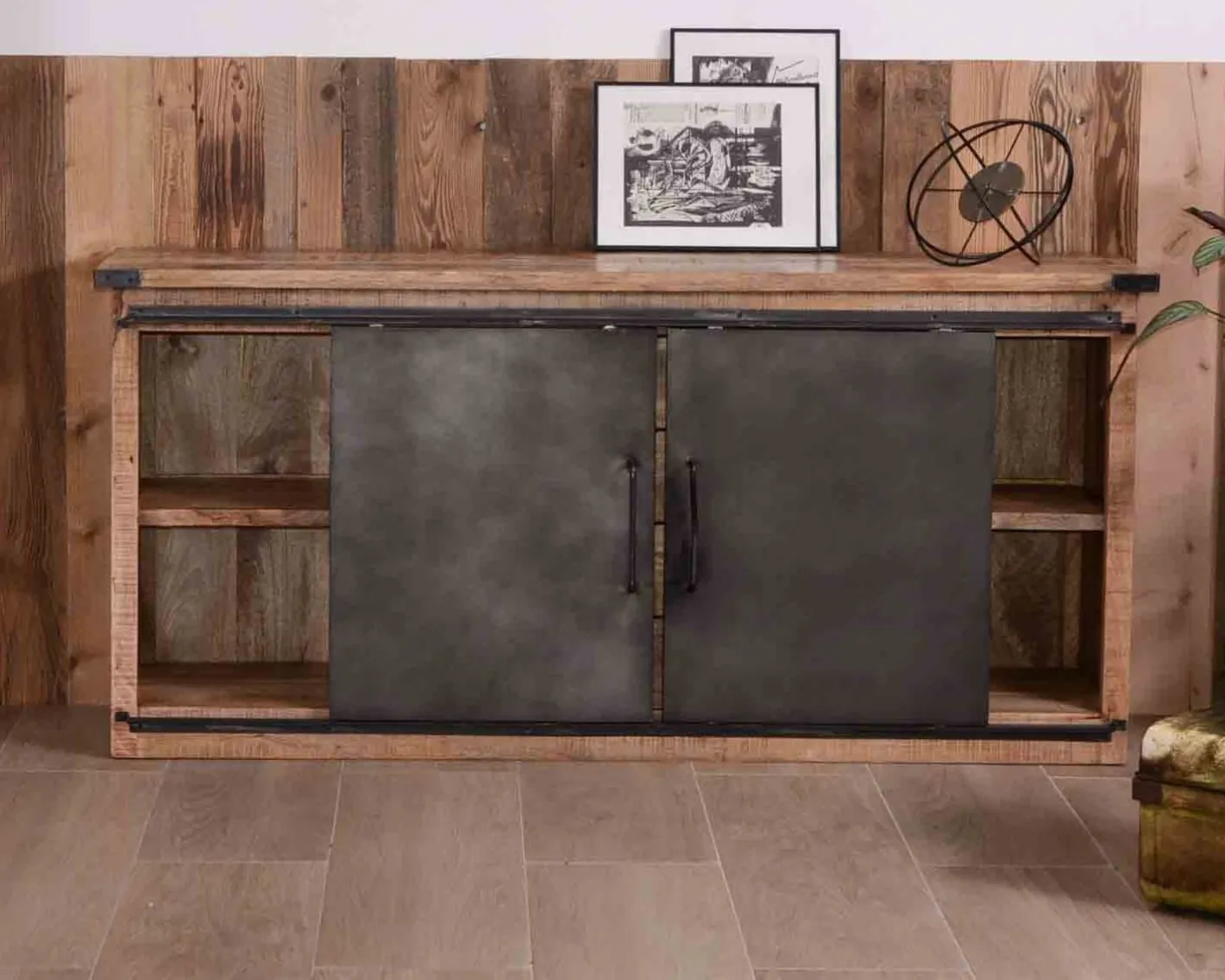 Outlet Bahut industriel portes coulissantes et tiroirs bois 180cm "Caractère" Buffet Et Bahut