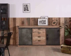 Outlet Bahut industriel portes coulissantes et tiroirs bois 180cm