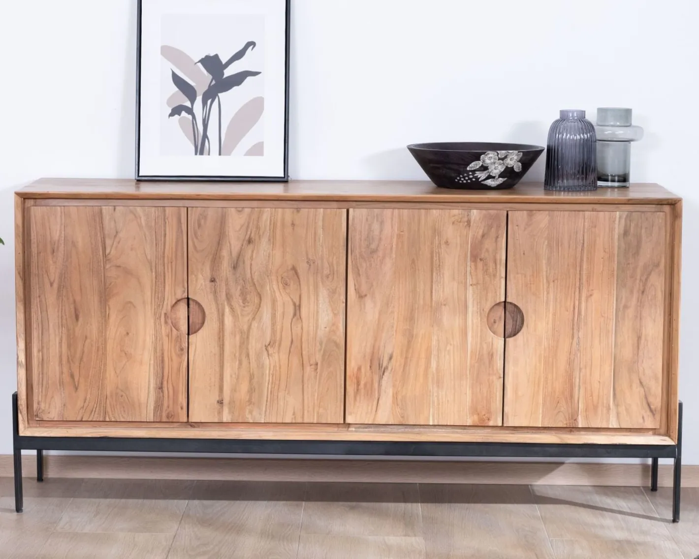 Hot Bahut 4 portes en acacia et métal 160 cm "Novelli" esprit zen et épuré Buffet Et Bahut