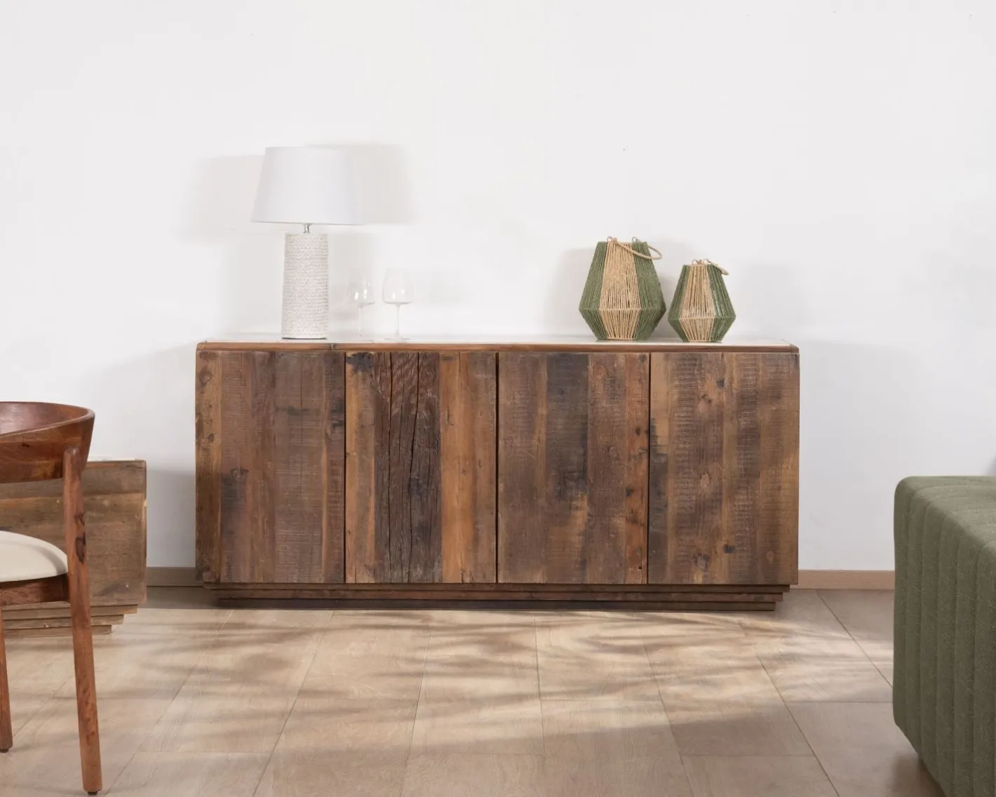 Discount Bahut 4 portes en bois recyclé et plateau marbre blanc "Mood" Buffet Et Bahut