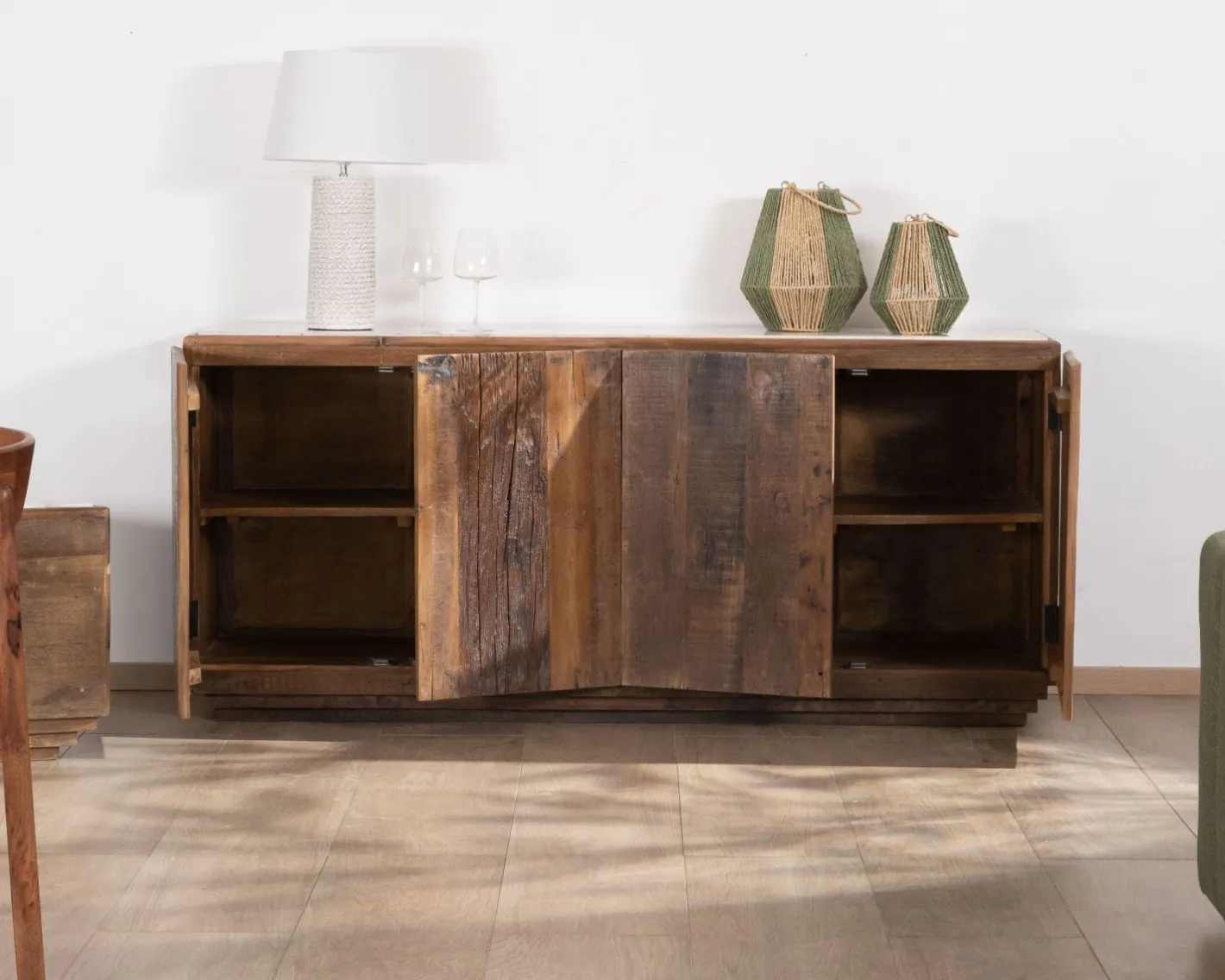Discount Bahut 4 portes en bois recyclé et plateau marbre blanc "Mood" Buffet Et Bahut