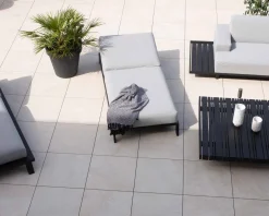 Hot Bain de soleil confort tissu Sunbrella gris clair structure aluminium noire