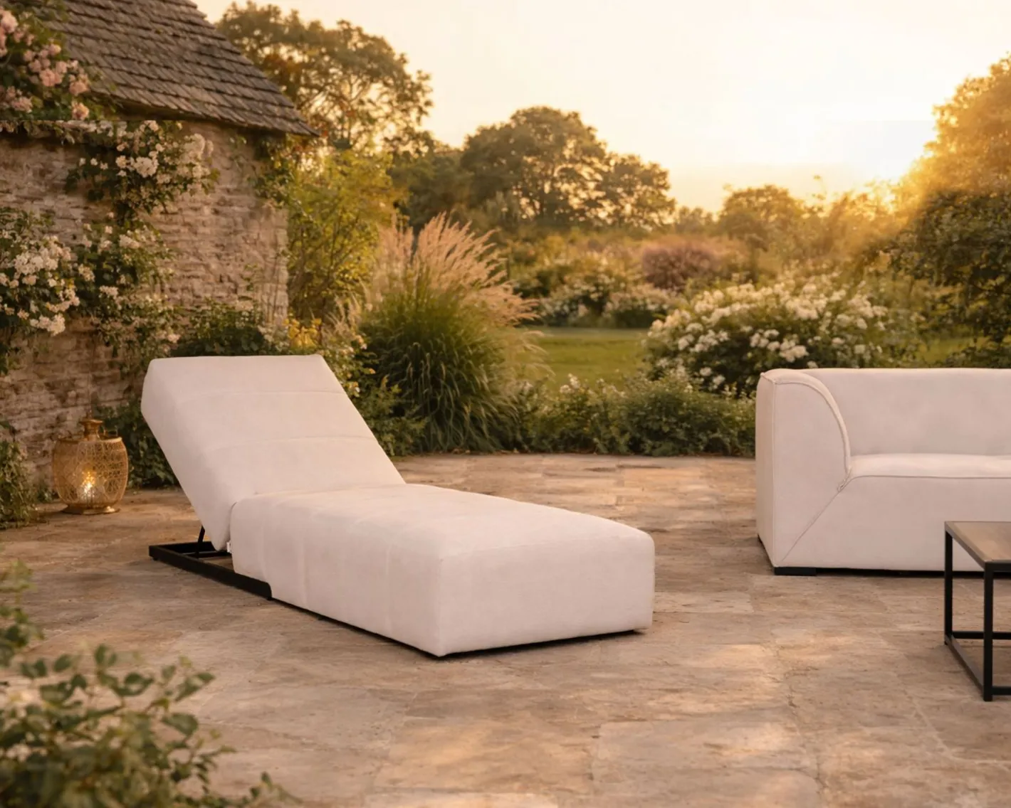 Online Bain de soleil design épuré en tissu crème avec surpiqures spécial extérieur "Sunset Bay" Bain De Soleil