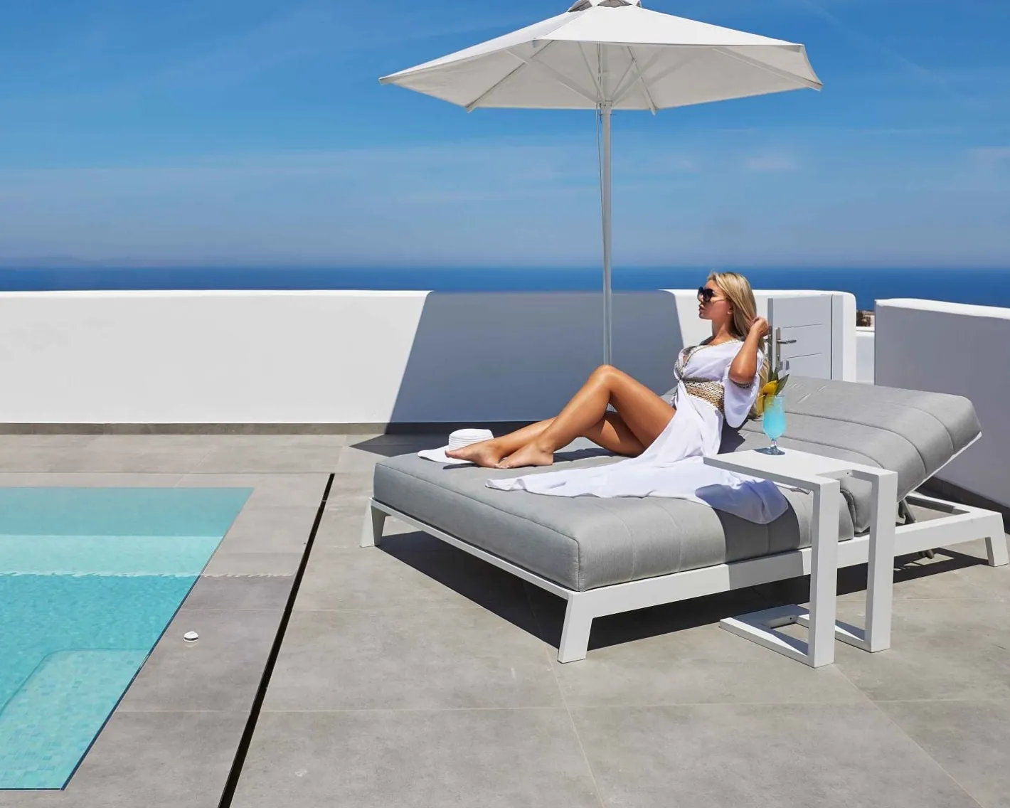 Clearance Bain de soleil double blanc et gris matelassé haut de gamme "Terrasse" Bain De Soleil