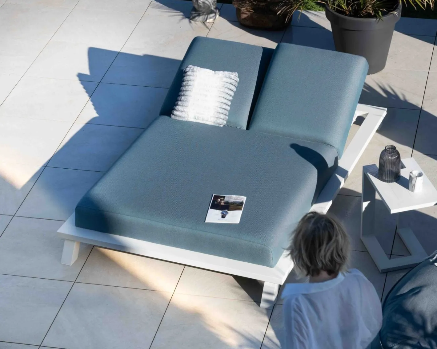 Best Bain de soleil double en tissu turquoise et aluminium blanc "Nusa Pedina" Bain De Soleil