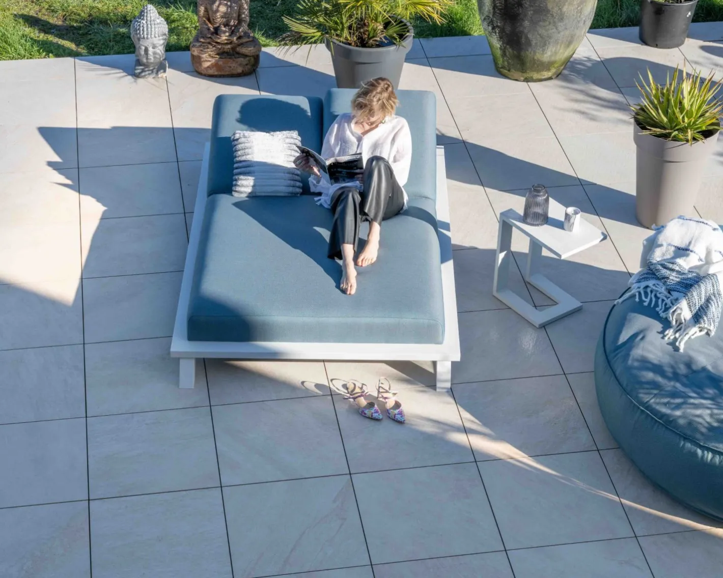 Best Bain de soleil double en tissu turquoise et aluminium blanc "Nusa Pedina" Bain De Soleil
