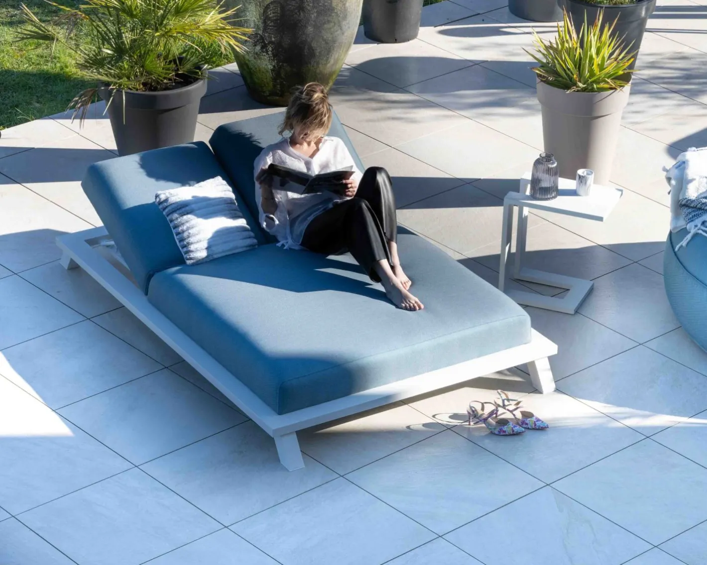 Best Bain de soleil double en tissu turquoise et aluminium blanc "Nusa Pedina" Bain De Soleil
