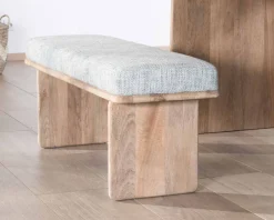 Sale Banc élégant et confortable 120cm en manguier et assise rembourrée tissu gris chiné "Maestro" Banc