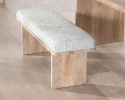 Sale Banc élégant et confortable 120cm en manguier et assise rembourrée tissu gris chiné
