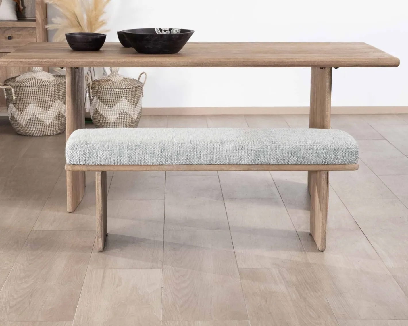 Sale Banc élégant et confortable 120cm en manguier et assise rembourrée tissu gris chiné "Maestro" Banc