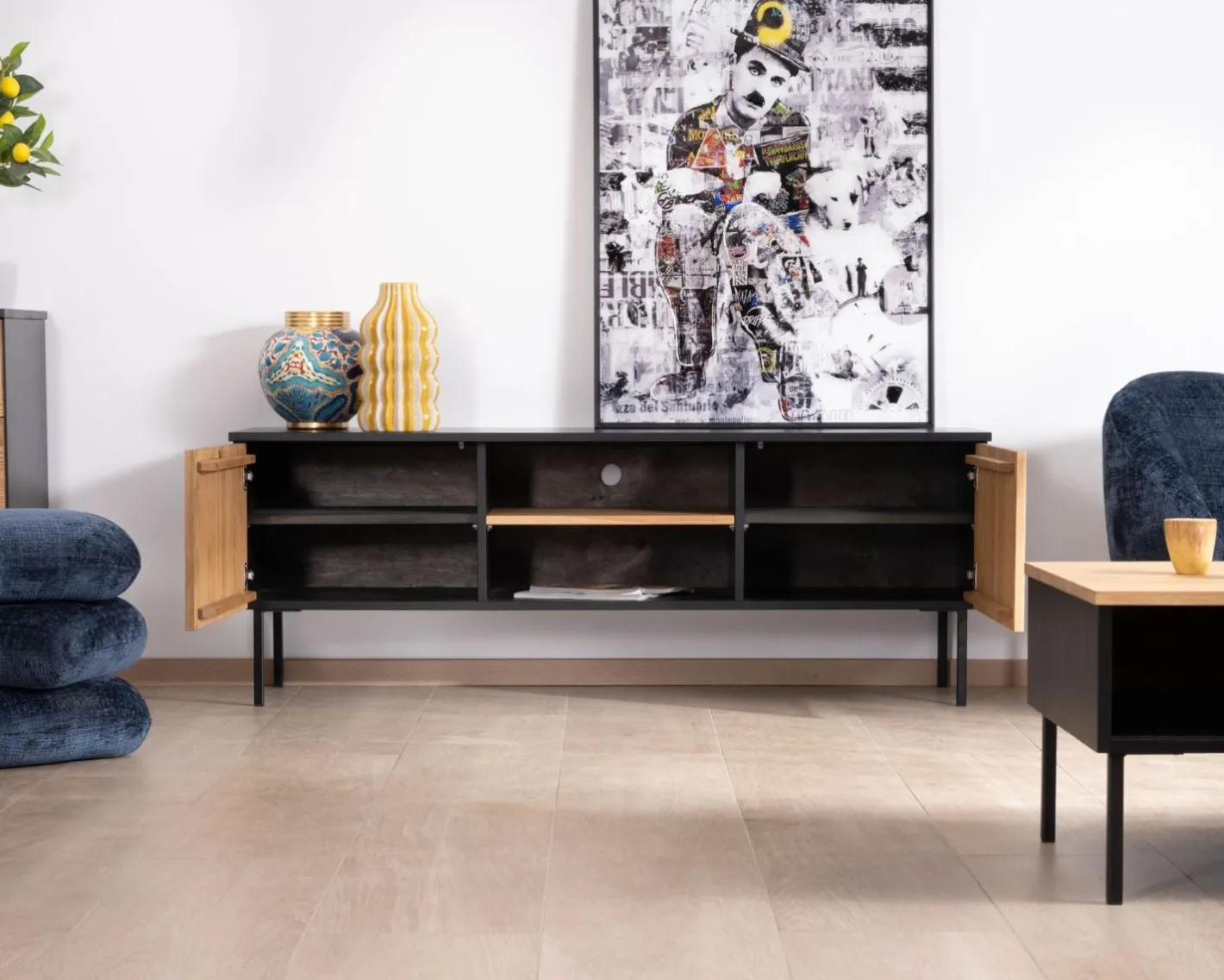 Best Banc TV 160 cm deux portes en frêne massif huilé "Sydney" Meuble Télé