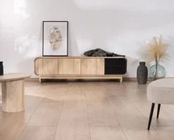 Discount Banc TV 4 portes 180 cm en manguier avec porte déco noire "Jappy" Meuble Télé