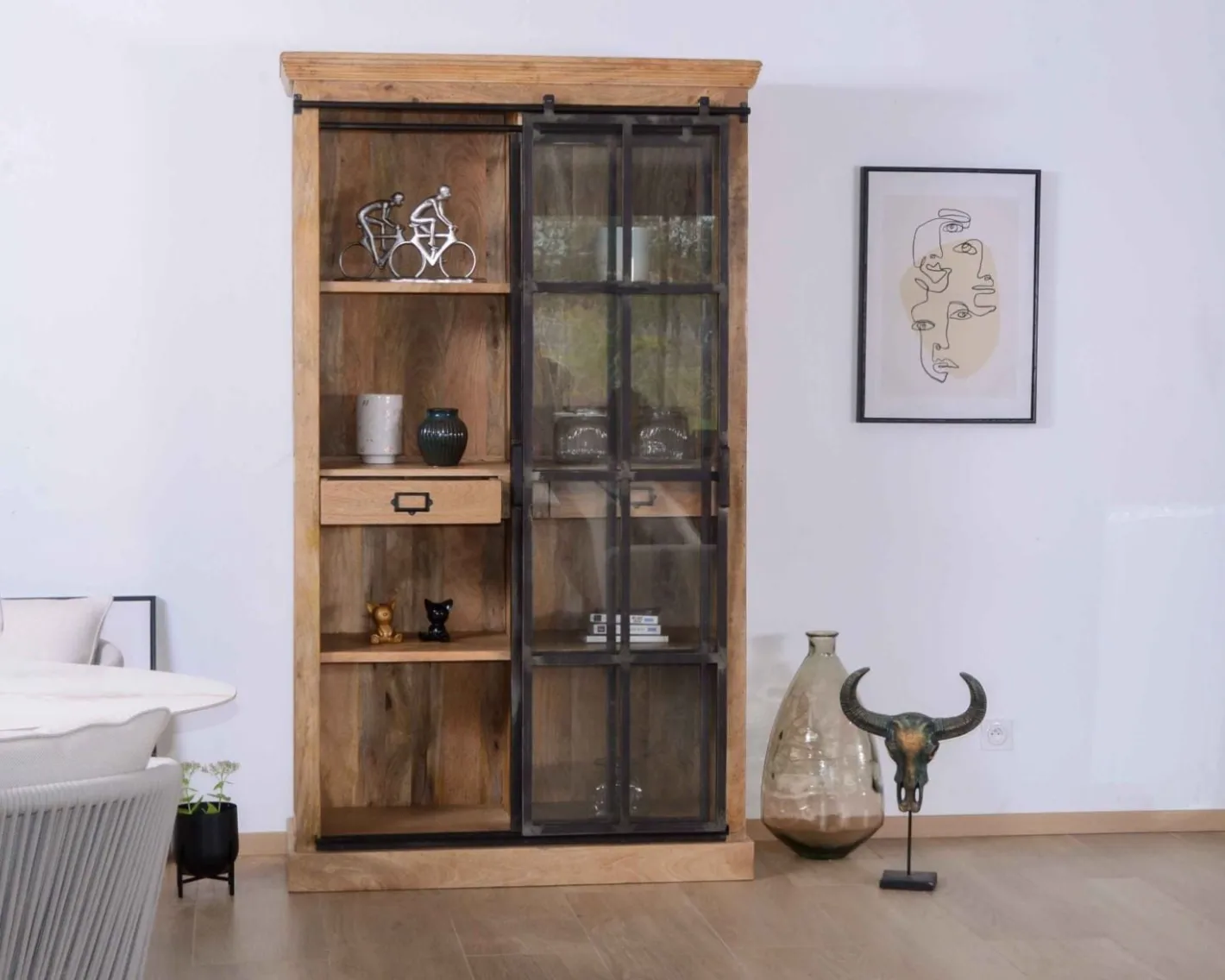 Hot Bibliothèque style manufacture bois de manguier métal et verre "Haden" Vaisselier|Vitrine Et Argentier