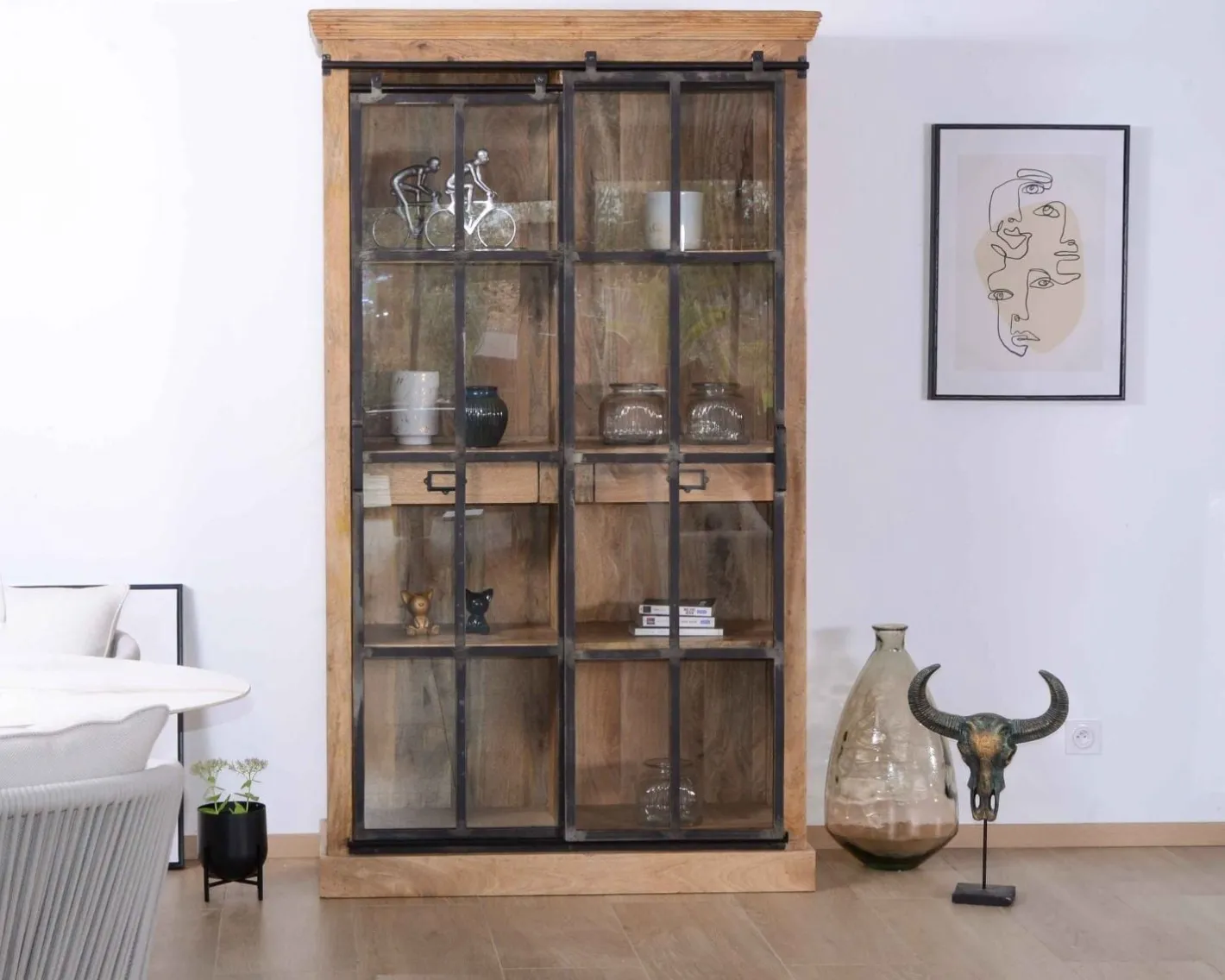Hot Bibliothèque style manufacture bois de manguier métal et verre "Haden" Vaisselier|Vitrine Et Argentier