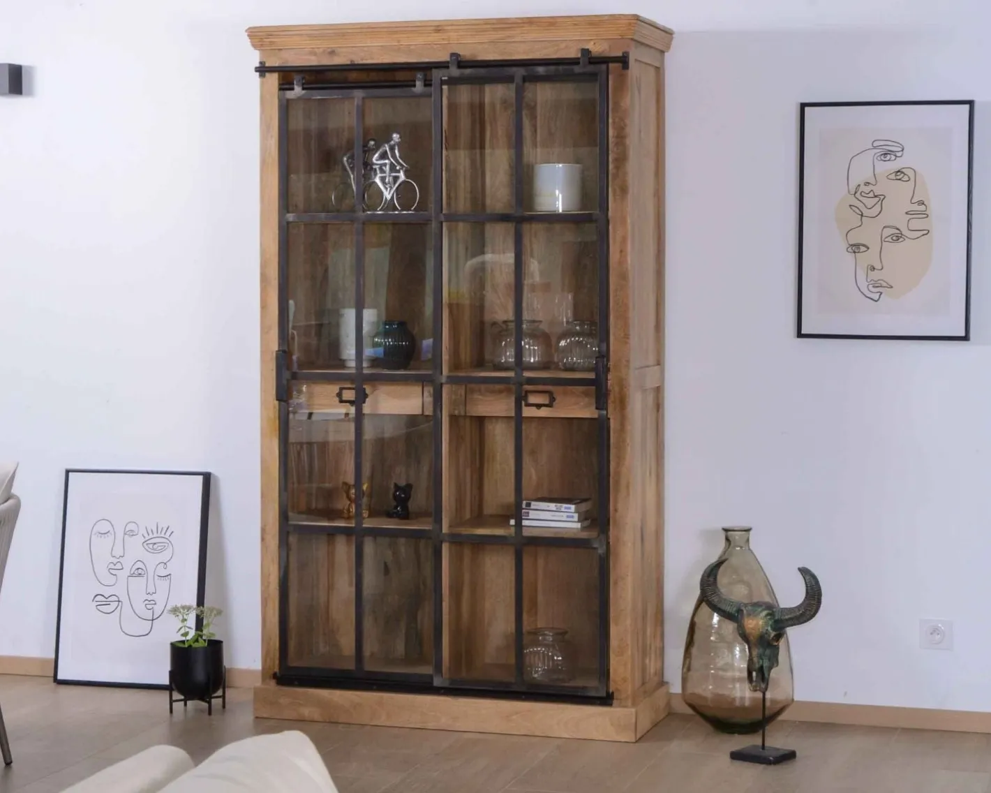 Hot Bibliothèque style manufacture bois de manguier métal et verre "Haden" Vaisselier|Vitrine Et Argentier