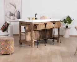 Hot Billot de cuisine en teck recyclé et plateau marbre blanc