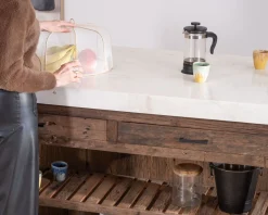 Hot Billot de cuisine en teck recyclé et plateau marbre blanc