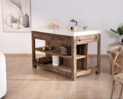 Hot Billot de cuisine en teck recyclé et plateau marbre blanc