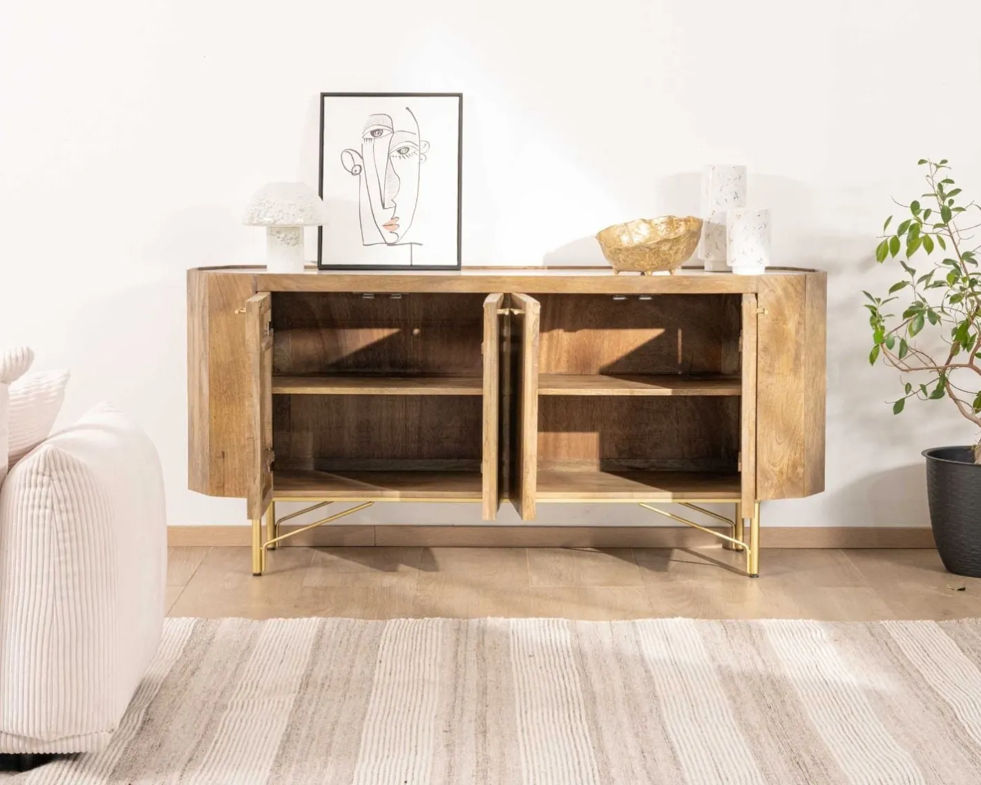 Sale Buffet arrondi avec plateau en terrazzo blanc et pieds métal doré "Bruges" Buffet Et Bahut