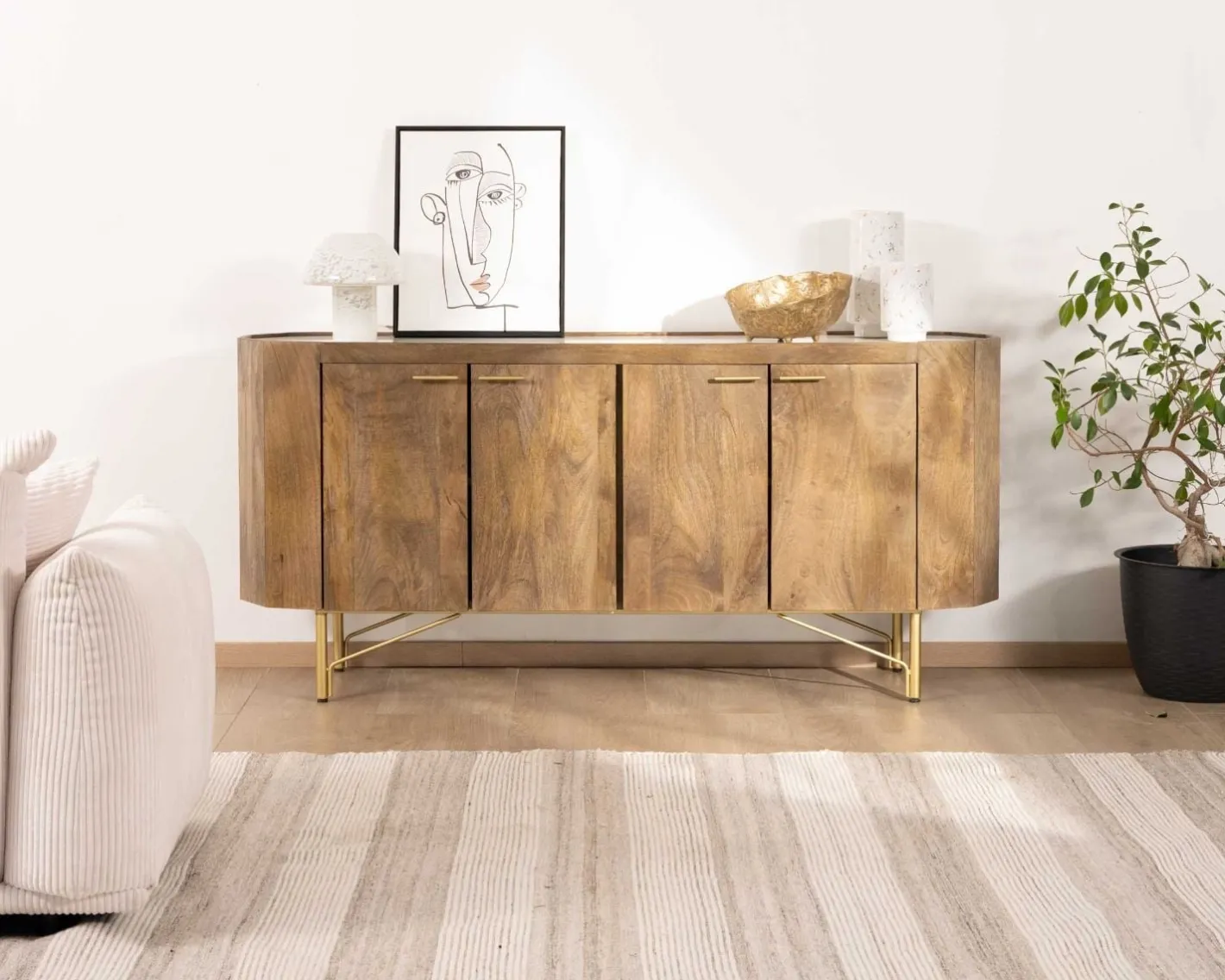 Sale Buffet arrondi avec plateau en terrazzo blanc et pieds métal doré "Bruges" Buffet Et Bahut