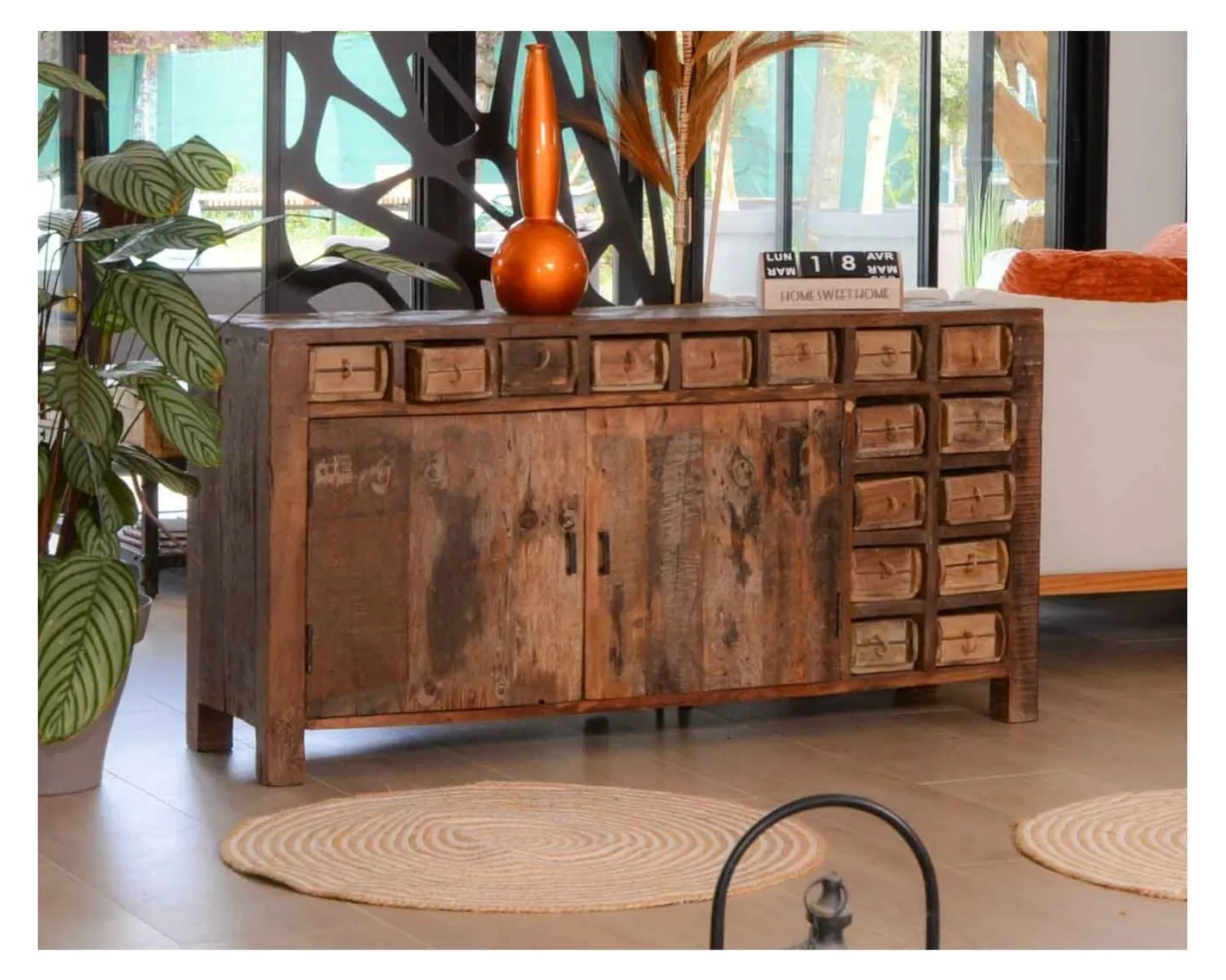 Hot Buffet bas ethnique en bois exotique brut recyclé 150cm "Népalaise" Buffet Et Bahut