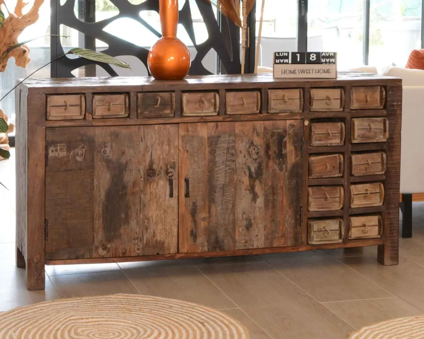 Hot Buffet bas ethnique en bois exotique brut recyclé 150cm "Népalaise" Buffet Et Bahut