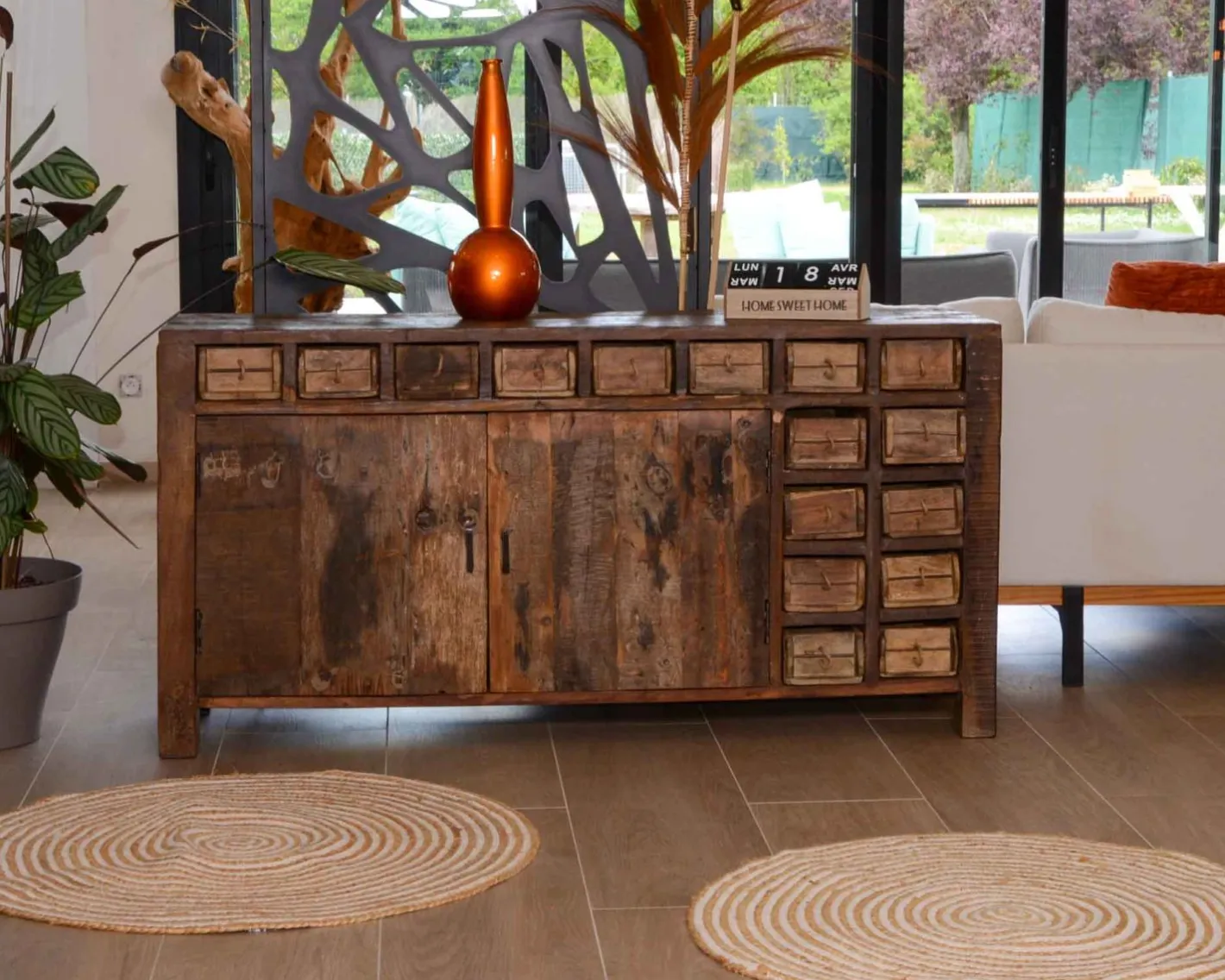 Hot Buffet bas ethnique en bois exotique brut recyclé 150cm "Népalaise" Buffet Et Bahut