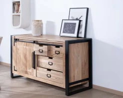 Sale Buffet bas industriel en bois d’acacia naturel et métal