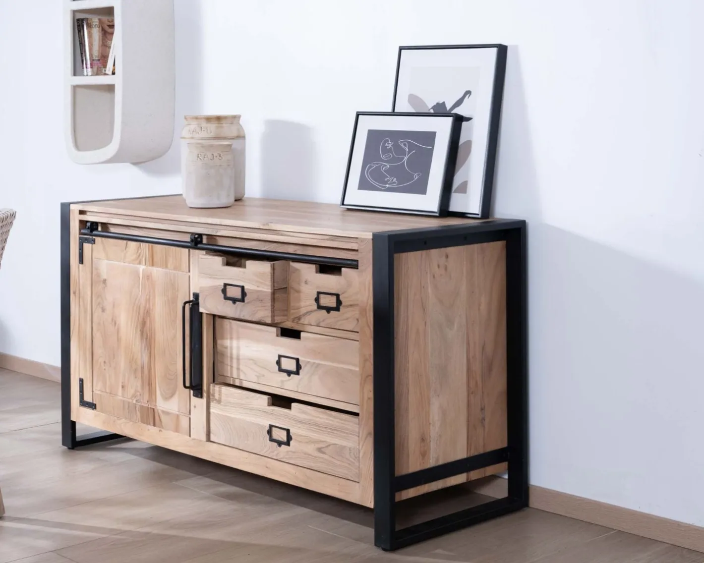 Sale Buffet bas industriel en bois d’acacia naturel et métal "Montréal" Buffet Et Bahut