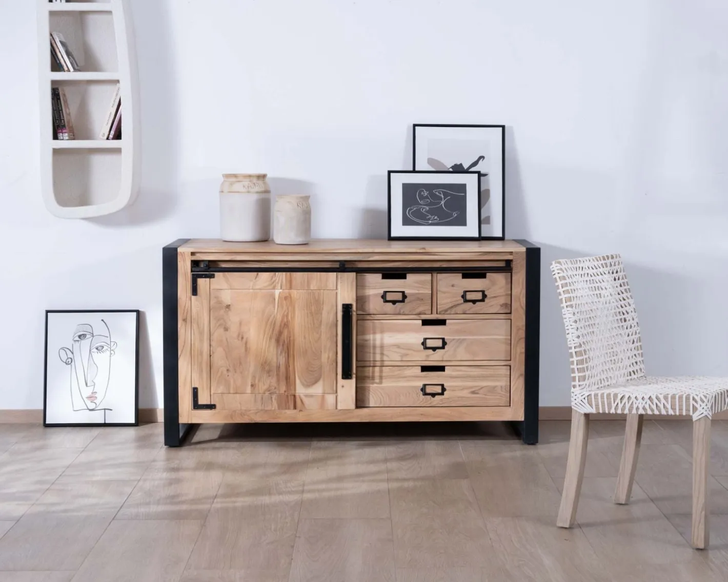 Sale Buffet bas industriel en bois d’acacia naturel et métal "Montréal" Buffet Et Bahut