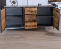 Clearance Buffet bas industriel métal gris et bois de manguier massif