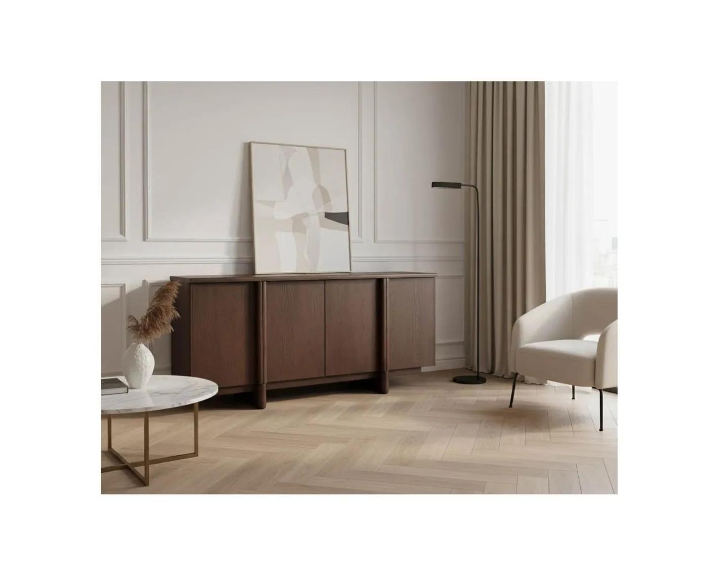 Outlet Buffet bas 4 portes esprit japandi "Laumie" teinte foncée Buffet Et Bahut