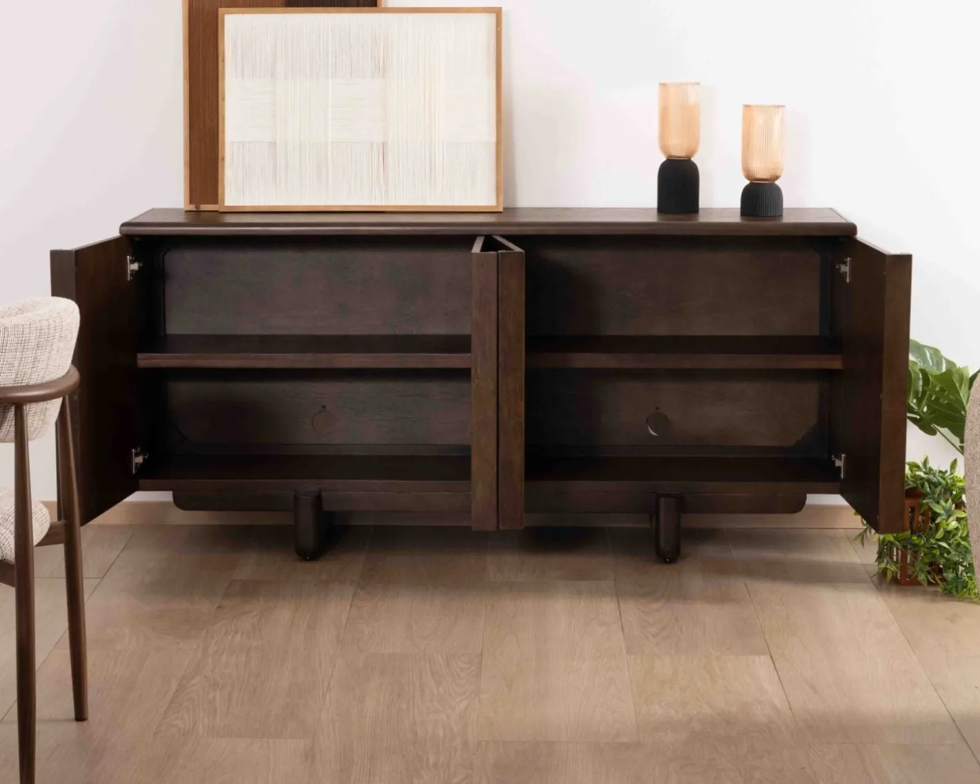 Outlet Buffet bas 4 portes esprit japandi "Laumie" teinte foncée Buffet Et Bahut