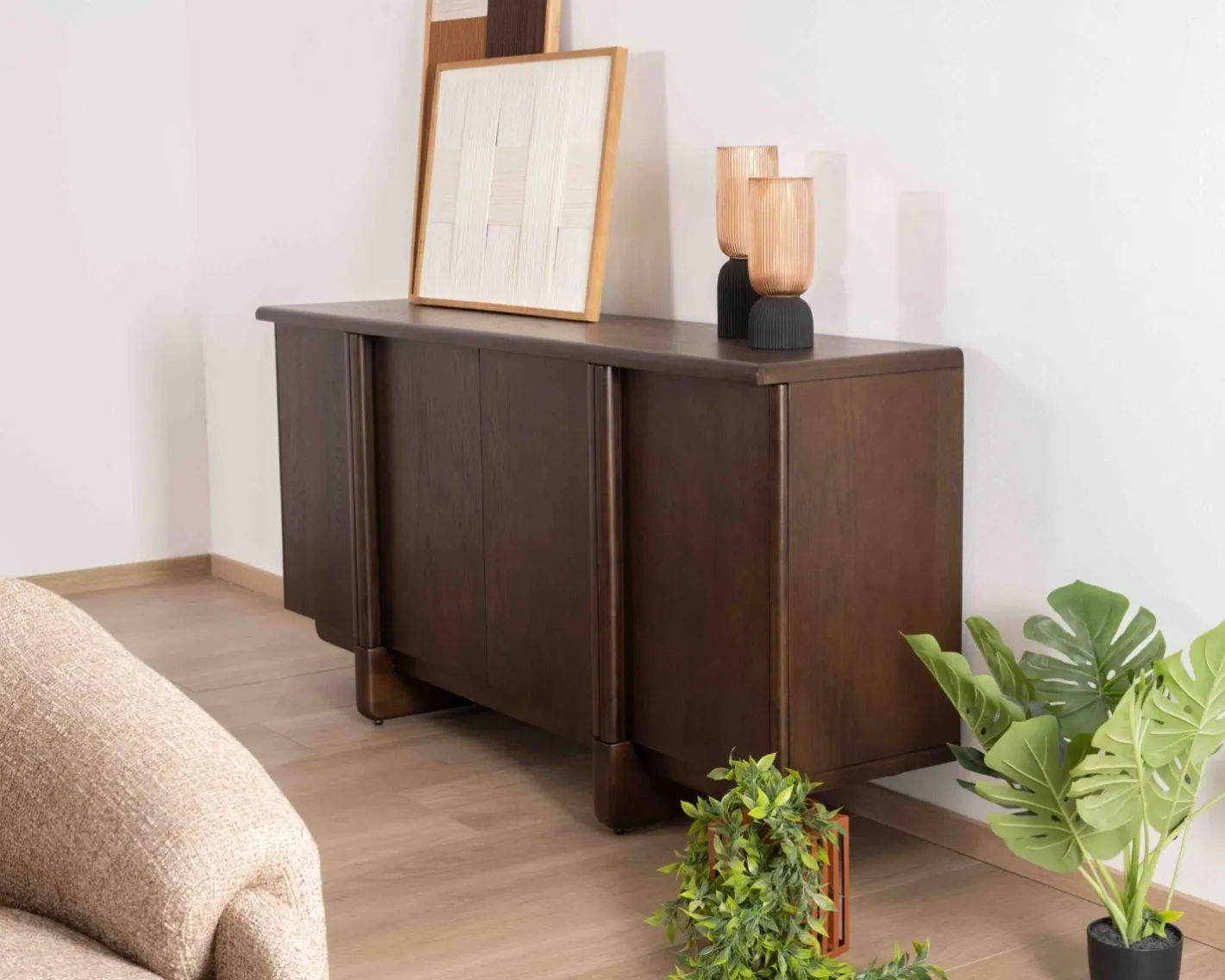 Outlet Buffet bas 4 portes esprit japandi "Laumie" teinte foncée Buffet Et Bahut