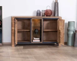 New Buffet contemporain 150cm en acacia 2 portes et étagères vitrées "Fantaisie" Buffet Et Bahut