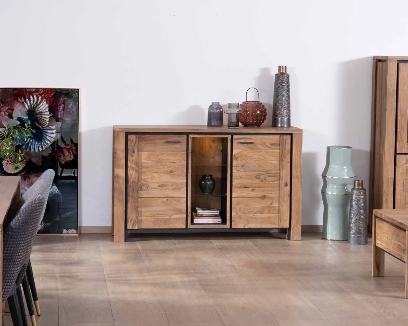 New Buffet contemporain 150cm en acacia 2 portes et étagères vitrées "Fantaisie" Buffet Et Bahut